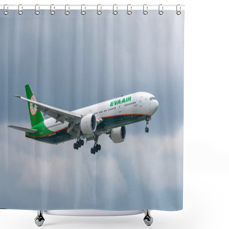 Personality  Ho Chi Minh City, Vietnam - August 12th, 2018: Passenger Aircraft Boeing 777 Of Eva Air Fly Over Urban Areas Prepare To Landing At Tan Son Nhat International Airport, Ho Chi Minh City, Vietnam. Shower Curtains