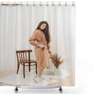 Personality  Portrait Of A Beautiful Woman, Posing In A Pale Brown Dress In Front Of A Chair Shower Curtains