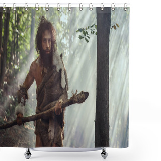 Personality  Portrait Of Primeval Caveman Wearing Animal Skin And Fur Hunting With A Stone Tipped Spear In The Prehistoric Forest. Prehistoric Neanderthal Hunter Scavenging With Primitive Tools In The Jungle Shower Curtains