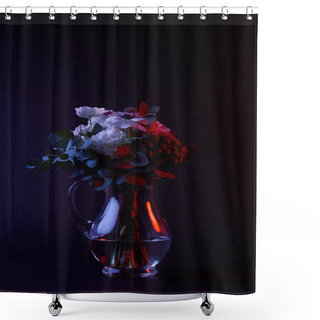 Personality  Bouquet Of Different Flowers In Reflecting Glass Vase On Dark Shower Curtains