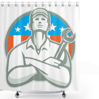 Personality  Mechanic Arms Crossed Wrench USA Flag Retro Shower Curtains
