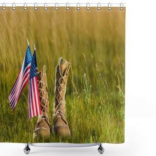 Personality  Military Boots Near American Flag With Stars And Stripes On Grass  Shower Curtains