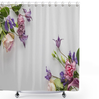 Personality  Top View Of Violet And Purple Flowers On White Background Shower Curtains
