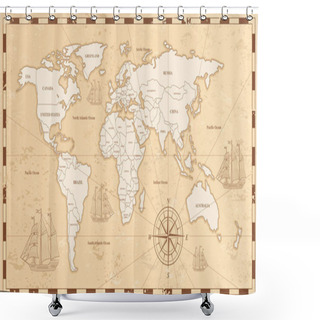Personality  Old World Map Flat Vector Illustration. Ancient Parchment With Countries And Oceans Names. Vintage Document With Continents, Ships And Wind Rose Drawings. Worldwide Geography Exploration. Shower Curtains