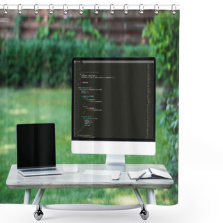Personality  Selective Focus Of Laptop With Blank Screen And Computer With Programming Language Code At Table Outdoors  Shower Curtains