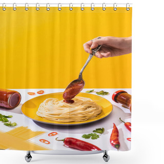 Personality  Cropped View Of Woman Pouring Ketchup On Spaghetti Beside Chili Peppers And Cilantro On White Surface Isolated On Yellow Shower Curtains