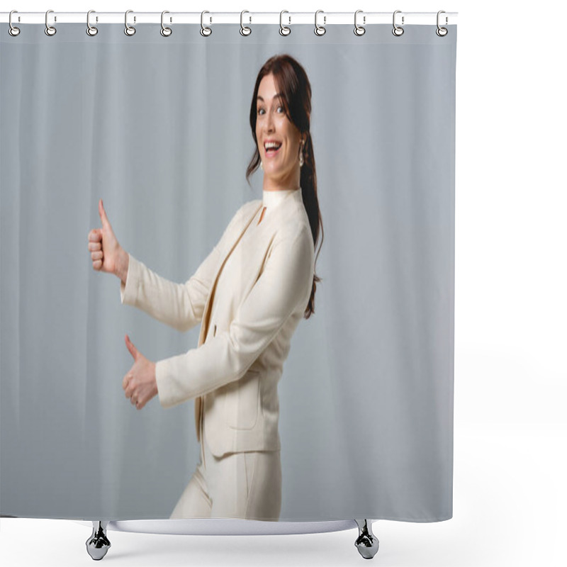 Personality  Side View Of Beautiful Smiling Businesswoman Showing Thumbs Up Isolated On Grey  Shower Curtains