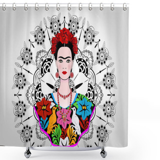 Personality  Frida Kahlo Vector Portrait , Young Beautiful Mexican Woman With A Traditional Hairstyle,  Mexican Crafts Jewelry And Dress, Vector Isolated Or Decorated Mandala Background  Shower Curtains