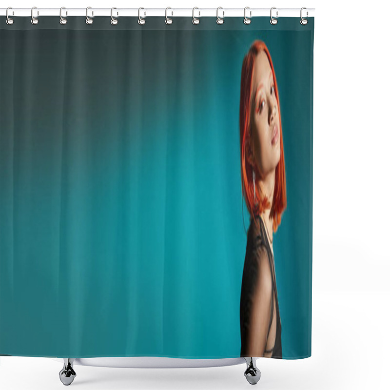 Personality  Portrait Of Pierced Asian Woman With Bold Eye Makeup Looking At Camera On Blue Background, Banner Shower Curtains