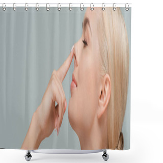 Personality  Panoramic Shot Of Happy Woman Touching Nose Isolated On Grey  Shower Curtains