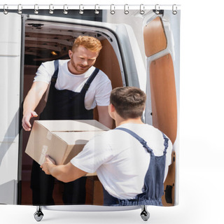 Personality  Selective Focus Of Loader Giving Carton Box To Colleagues While Unloading Truck Outdoors  Shower Curtains