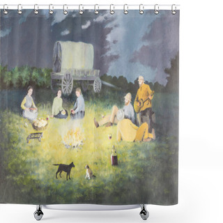 Personality  Original Oil Painting On Canvas - Pioneer Campfire Scene With Pe Shower Curtains