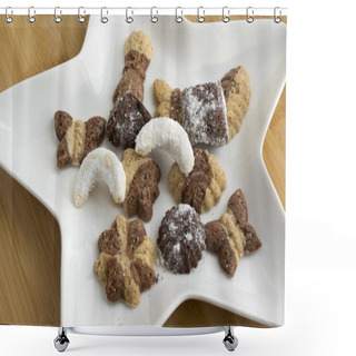 Personality  Many Kinds Of Christmas Cookies On White Plate, Gingerbread Dark And Light, Star Shape Dish, Bamboo Wooden Background Shower Curtains