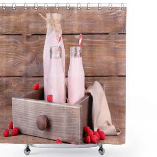 Personality  Bottles Of Tasty Raspberry Smoothie Drinks On Grey Pink Wooden Background Shower Curtains