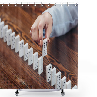 Personality  Cropped View Of Woman Picking Domino From Row On Wooden Desk Shower Curtains