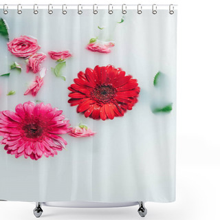 Personality  Top View Of Beautiful Roses And Gerbera Flowers With Green Leaves In Milk Backdrop Shower Curtains