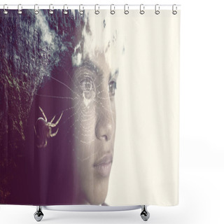 Personality  Spider On Spiderweb Against Teenage Boy Looking Away Shower Curtains
