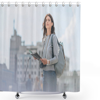 Personality  Attractive Female Tourist With Photo Camera, Backpack And Map Walking In City Shower Curtains