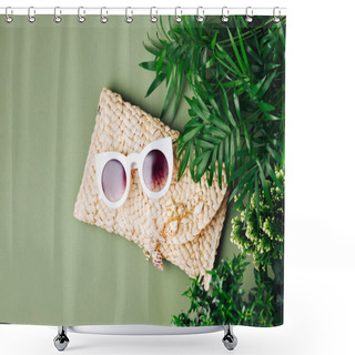 Personality  Tropical Leaves And Beach Bag With Sunglasses  On  Green  Background. Top View, Flat Lay. Shower Curtains