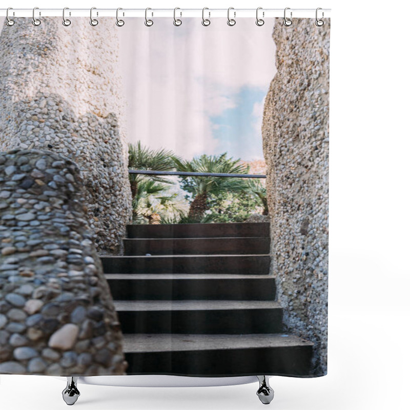 Personality  staircase with multicolored stone walls, barcelona, spain shower curtains