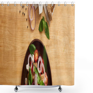 Personality  Top View Of Delicious Italian Vegetable Salad Panzanella Served On Plate On Wooden Table Near Fresh Ingredients, Panoramic Shot Shower Curtains