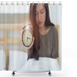 Personality  Young Sleeping Woman And Alarm Clock In Bedroom At Home. Focus Alarm Clock Shower Curtains