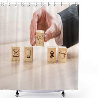 Personality  Man Arranging Wooden Cubes With Contact Symbols Shower Curtains