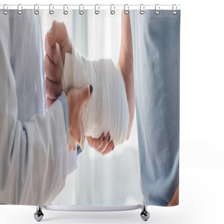Personality  Panoramic Shot Of Orthopedist Touching Injured Hand Of Man  Shower Curtains