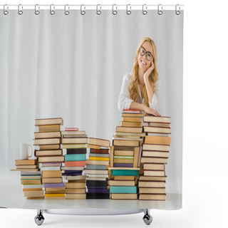 Personality  Beautiful Woman In Glasses Dreaming Near Pile Of Books Shower Curtains