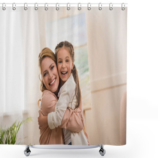 Personality  Happy Mother And Daughter Hugging And Smiling At Camera At Home Shower Curtains