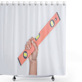 Personality  Cropped Shot Of Man Holding Bubble Level Tool Isolated On White Shower Curtains