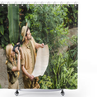 Personality  Beautiful Young Couple In Safari Suits With Map And Binoculars In Jungle Shower Curtains
