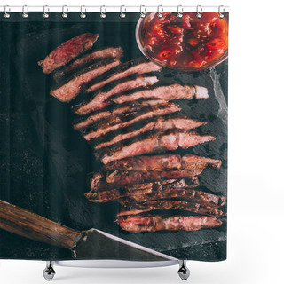 Personality  Top View Of Delicious Sliced Grilled Meat With Sauce And Knife On Black Slate Board   Shower Curtains