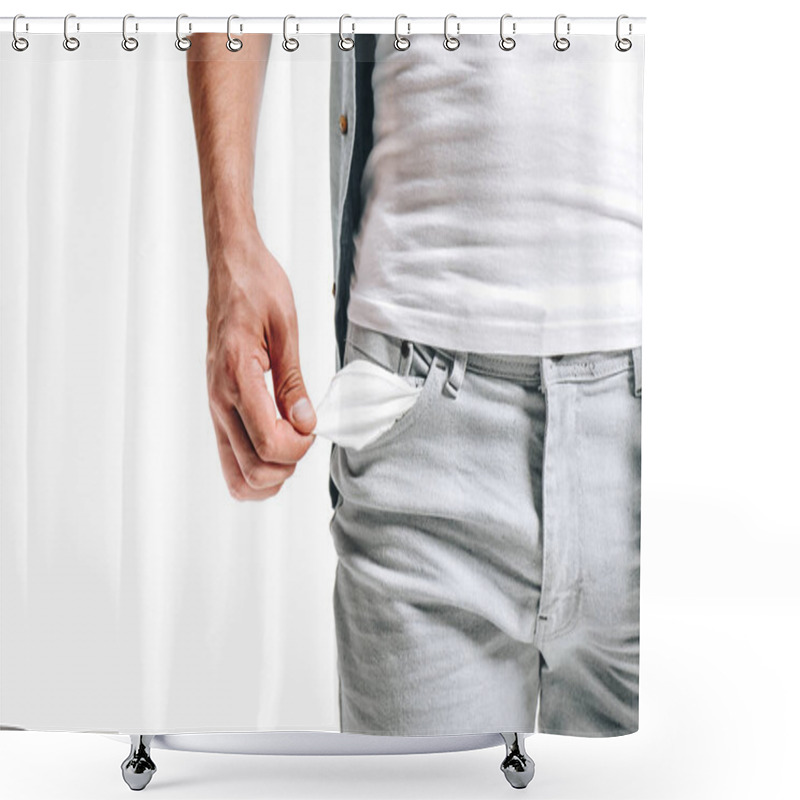 Personality  Cropped Image Of Man Showing Empty Pocket Isolated On White Shower Curtains
