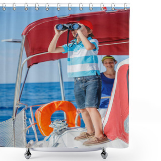 Personality  Boy Captain With His Sister On Board Of Sailing Yacht On Summer Cruise. Travel Adventure, Yachting With Child On Family Vacation. Shower Curtains