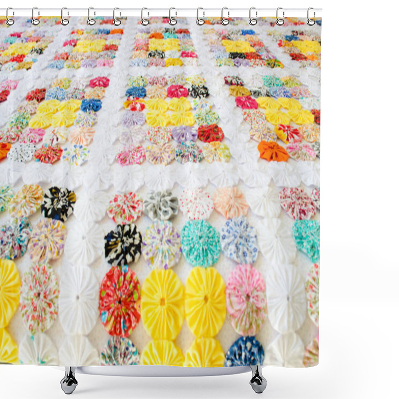 Personality  several pieces of Fuxico sewn together forming a bedspread. handmade. artisanal. craft. colorful. shower curtains