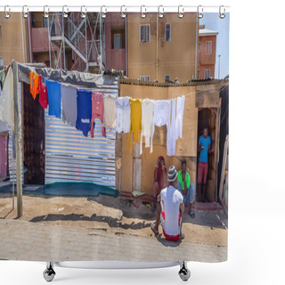 Personality  Washing Hangs On Line In Front Of Tin Shacks. Shower Curtains