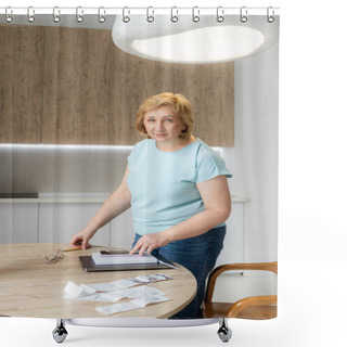 Personality  Senior Mature Business Woman Holding Paper Bill Using Laptop. Old Lady Managing Account Finance, Calculating Money Budget Tax, Planning Banking Loan Debt Pension Payment Sit At Home Kitchen Table. Shower Curtains