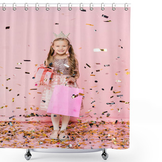 Personality  Full Length Of Happy Little Girl In Crown Holding Shopping Bag And Present Near Falling Confetti On Pink  Shower Curtains