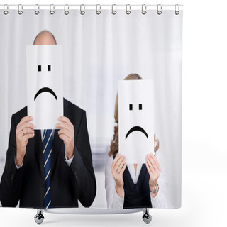 Personality  Businesspeople Holding Sad Smileys On Placard In Front Of Faces Shower Curtains