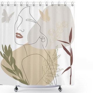 Personality  Drawing Of A Woman's Face, Fashion Concept, Minimalism Of Female Beauty With Geometric Doodles, Abstract Floral Elements In Pastel Tones. Shower Curtains