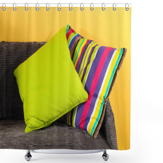Personality  Colorful Pillows On Couch On Yellow Background Shower Curtains