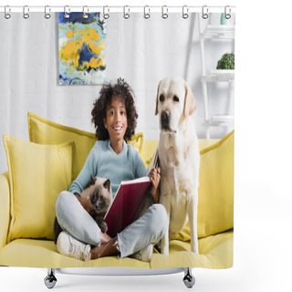 Personality  Happy Curly African American Girl With Open Book, Embracing Cat, While Sitting Near Retriever On Sofa At Home Shower Curtains