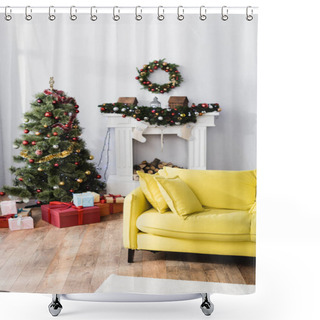 Personality  Wrapped Presents Under Decorated Christmas Tree In Modern Living Room Shower Curtains