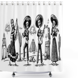 Personality  Day Of The Dead, Dia De Los Muertos. The Skeleton In The Mexican National Costumes Dance, Sing And Play The Guitar. Shower Curtains