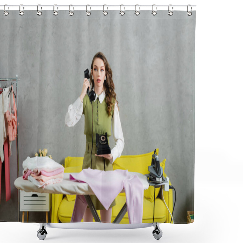 Personality  Housework Concept, Beautiful Woman With Wavy Hair Talking On Retro Telephone, Housewife Doing Her Daily Duties, Lifestyle, Laundry Day, Home Tasks, Domestic Chores, Doll Like  Shower Curtains