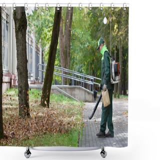 Personality  Landscaper Operating Gas Leaf Blower Shower Curtains