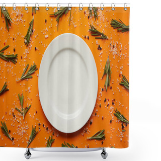 Personality  Top View Of Empty Round White Plate, Rosemary, Salt And Peppercorns On Orange Shower Curtains