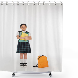 Personality  Happy Schoolgirl Standing With Notebooks In Hands Near Backpack, Back To School Concept, Student Shower Curtains