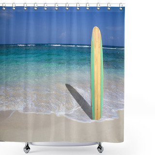 Personality  Surf Board In The Sand Shower Curtains